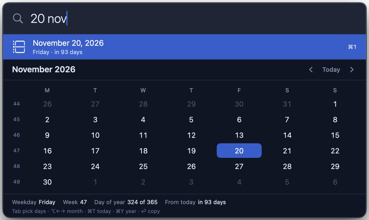The Alfredo search bar showing 20 nov, with November 2026 open below it and the 20th picked out