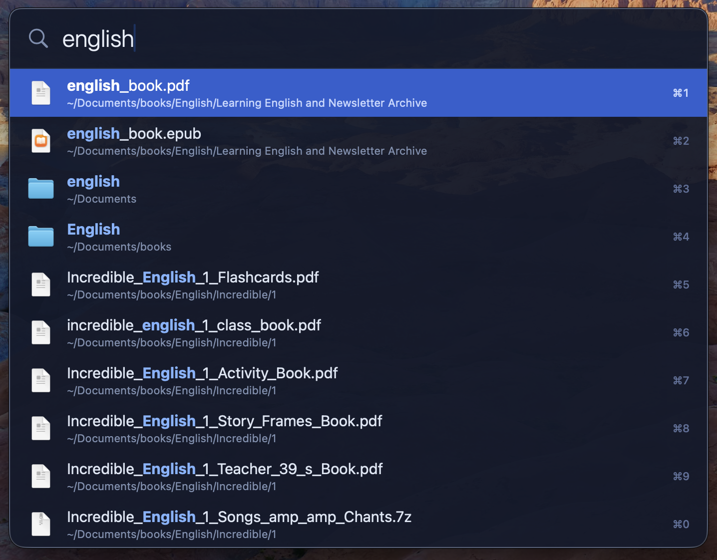 Searching for english in Alfredo: matching PDFs, folders and books from several folders at once