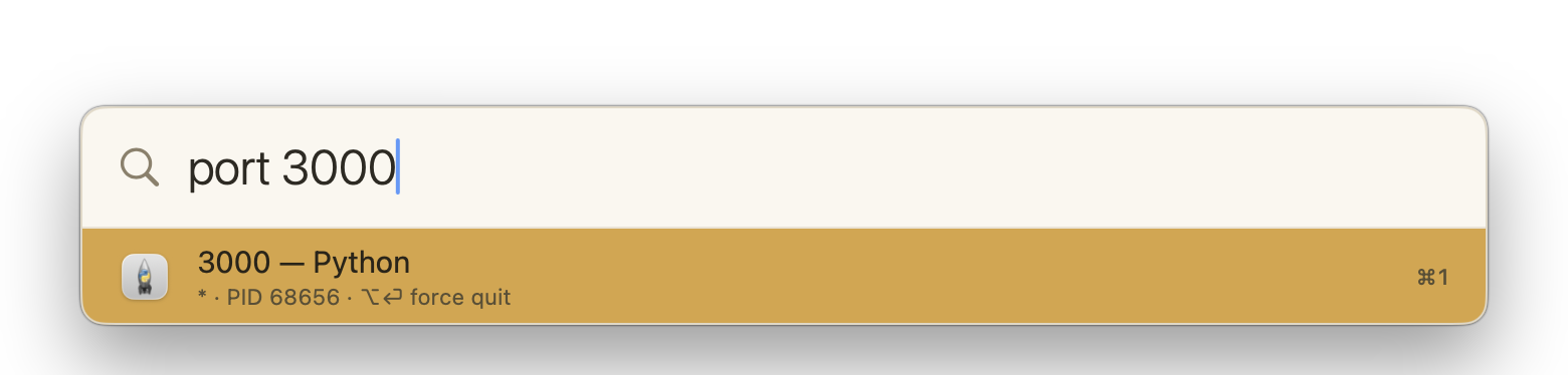 The Alfredo search bar showing port 3000 and the process holding that port