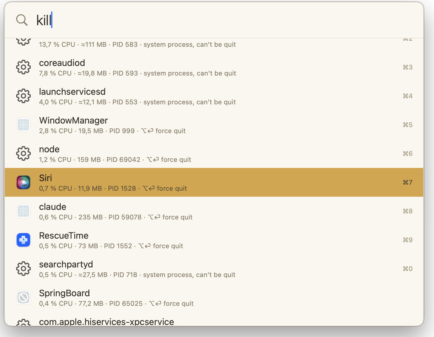 The Alfredo search bar showing kill, with running processes below it sorted by processor use