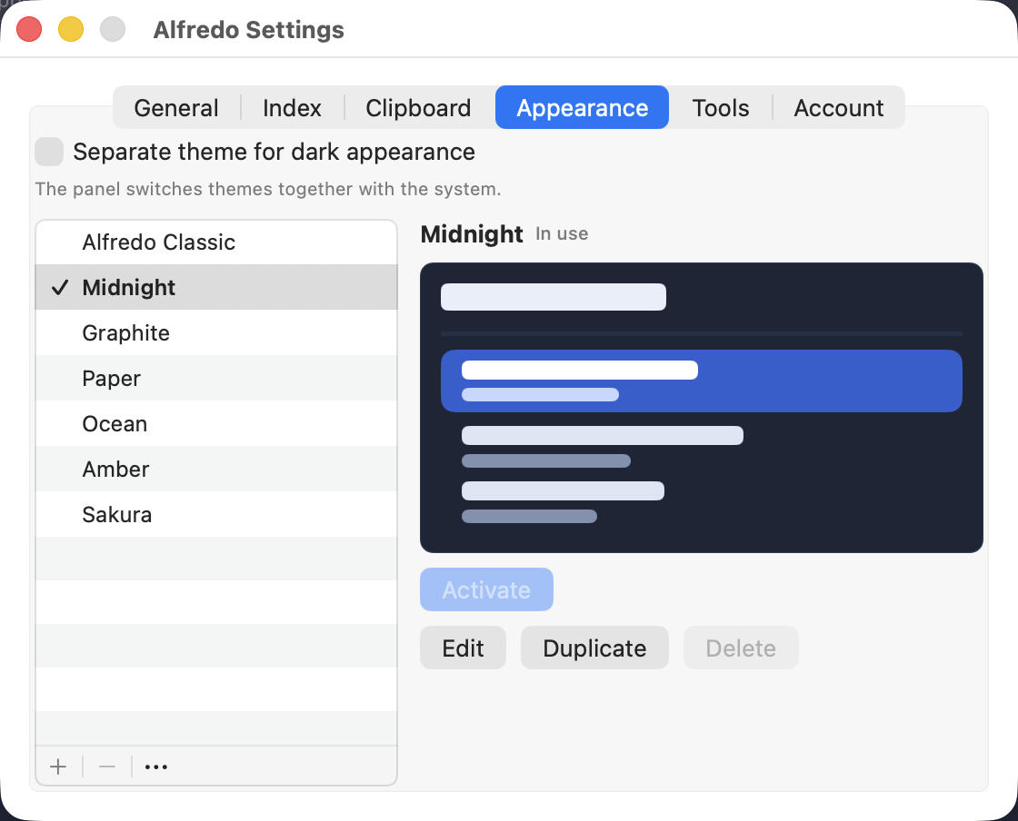 The Appearance tab in Alfredo Settings, with the list of themes and a live preview